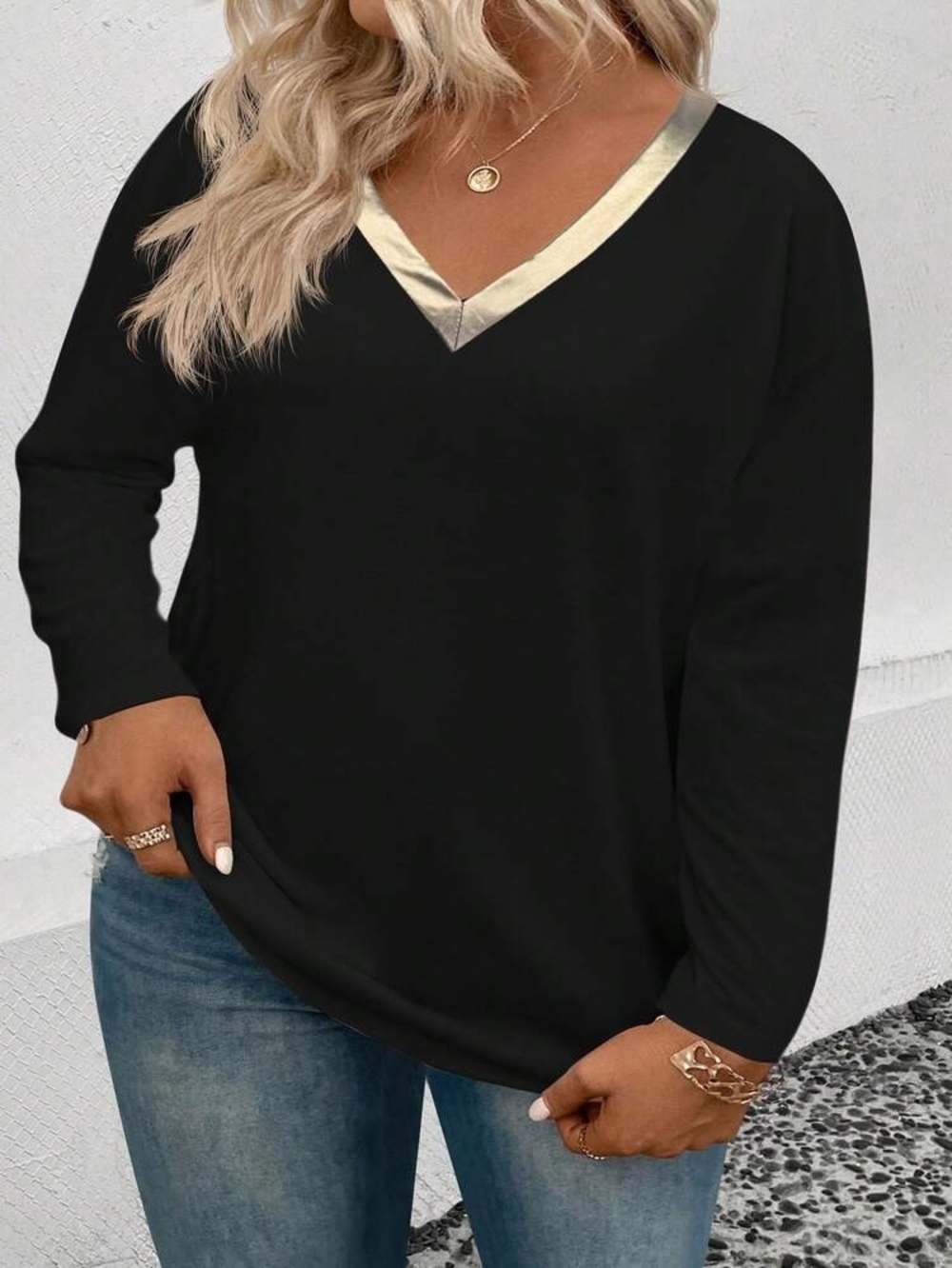 V-Neck Black Tunic Top with Metallic Gold Trim